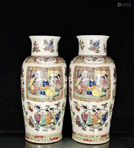 Pink character story vase pair, height 40 x 20cm