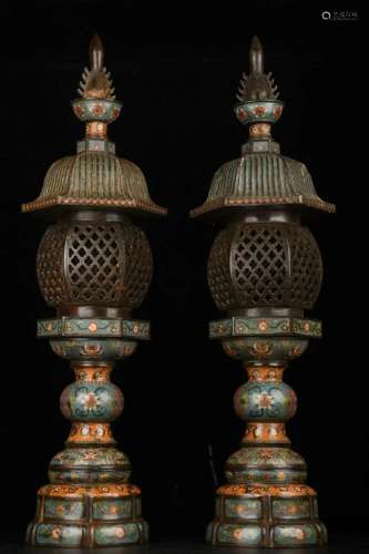 Oversized Cloisonne Shou word palace lamp pair,
