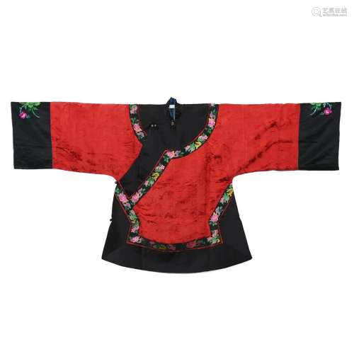 Red Satin Embroidered Outerwear with Large Side Opening