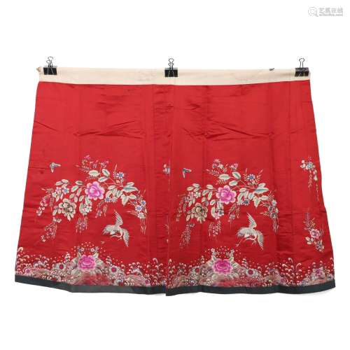 Red Satin Pleated Skirt with Flat Embroidery Design and