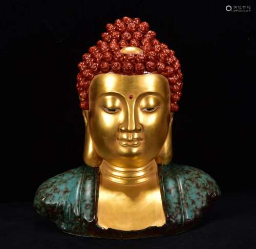 Qing Yongzheng pine glazed gold Buddha statue, size: