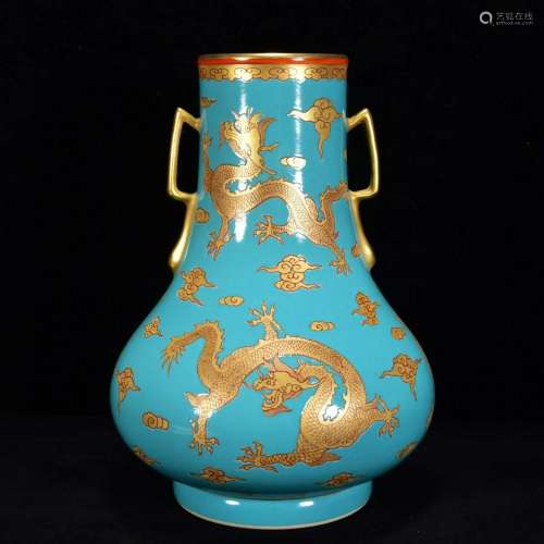 Qing gilt double-eared bottle with a colored dragon