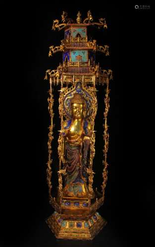 Qing Dys,bronze gilt gold inlaid gems Buddha