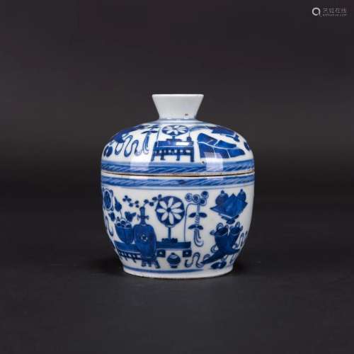 A BLUE AND WHITE BOWL AND COVER