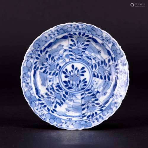 A BLUE AND WHITE LOBED 'FLORAL' DISH, KANGXI MARK