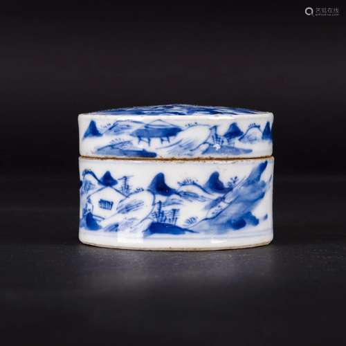 A BLUE AND WHITE 'FIGURAL' BOX AND COVER, QING DYN...