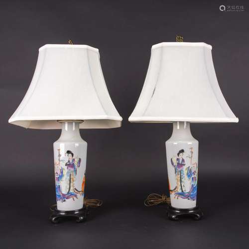 A PAIR OF FAMILLE ROSE 'FIGURAL' VASES, MOUNTED AS