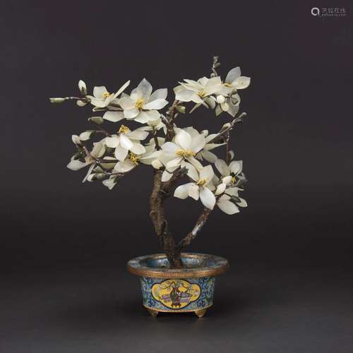 A JADE TREE IN CLOISONNE ENAMEL JARDINIERE