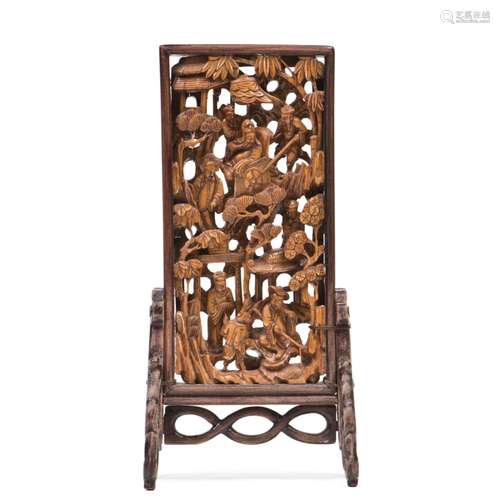 A CARVED HUANGYANGMU 'FIGURAL' TABLE SCREEN