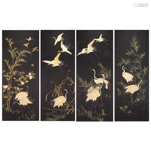 LOT OF 4, CHINESE EMBROIDERED CRANE PANELS