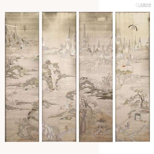 A GROUP OF 4 CHINESE SILK EMBROIDERED LANDSCAPE PANELS,