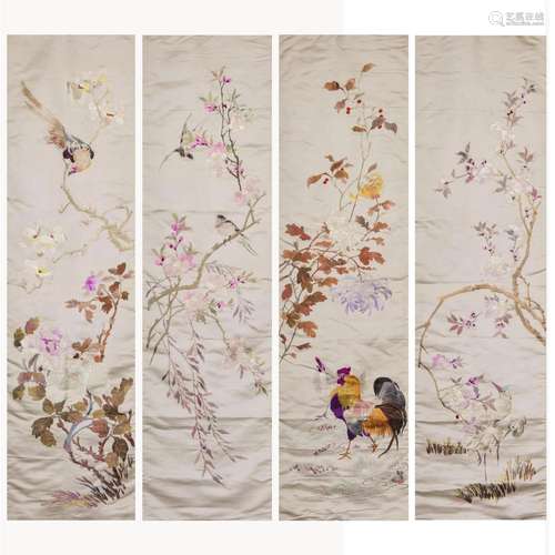 A GROUP OF 4 CHINESE SILK EMBROIDERED FLOWER AND BIRD