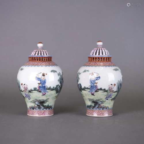 PAIR OF FAMILLE ROSE 'BOYS' JARS AND COVERS, JIAQI...