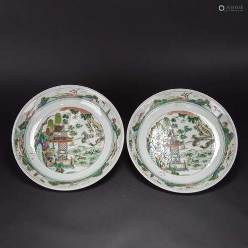 A PAIR OF WUCAI 'LANDSCAPE' DISHES, KANGXI MARK