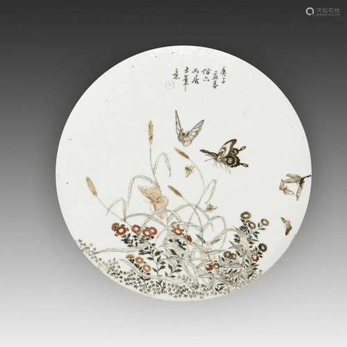 PORCELAIN 'FLOWER AND BUTTERFLY' PLAQUE , QING DYA...