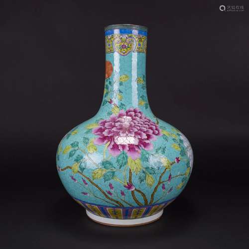 A FAMILLE ROSE 'PEONY' BOTTLE VASE, QING DYNASTY