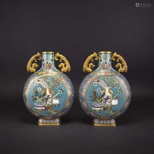 PAIR OF CLOISONNE ENAMEL AND GILT BRONZE MOONFLASKS