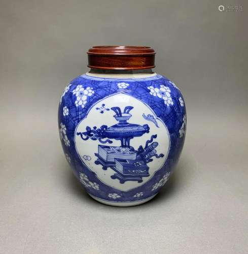 A BLUE AND WHITE 'PRUNUS' JAR WITH COVER, KANGXI P...