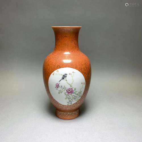 GILT DECORATED IRON RED GROUND FAMILLE ROSE VASE, 19TH