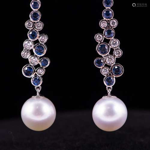 PEARL, SAPPHIRE & DIAMOND EARRINGS 18KT W/ AIGL