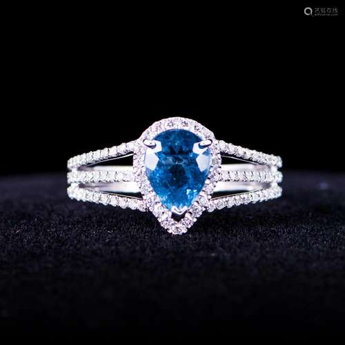 18K WHITE GOLD DIAMOND & AQUAMARINE RING W/ IAS