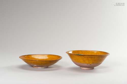TWO YELLOW EARTHENWARE ‘HARE’S FUR’ DISHES