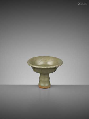 A LONGQUAN CELADON ‘BAMBOO’ BARBED-RIM STEM CUP, YUAN TO EAR...