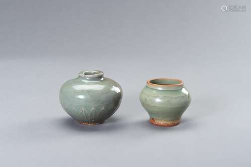 TWO SMALL CELADON GLAZED JARS