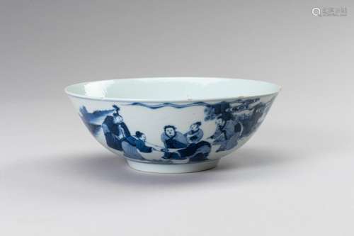 A BLUE AND WHITE PORCELAIN KANGXI REVIVAL ‘SCHOLARS’ BOWL