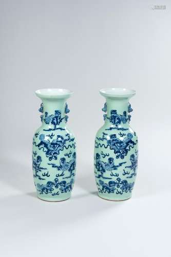 A CELADON, BLUE AND WHITE PAIR OF BALUSTER VASES