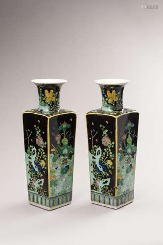 A PAIR OF FAMILLE NOIRE BALUSTER VASES