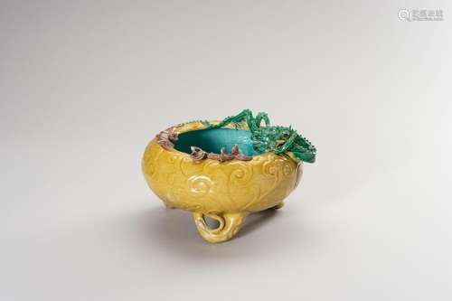 A GLAZED PORCELAIN BASIN WITH DRAGON AND BAT