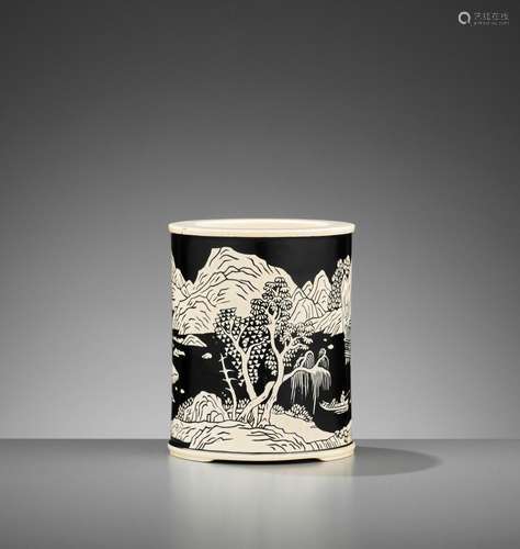 A BLACK-LACQUERED IVORY BRUSHPOT, BITONG, QING DYNASTY