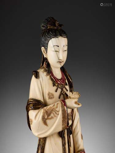 A TALL PAINTED IVORY FIGURE OF LIN DAIYU, LATE QING TO REPUB...