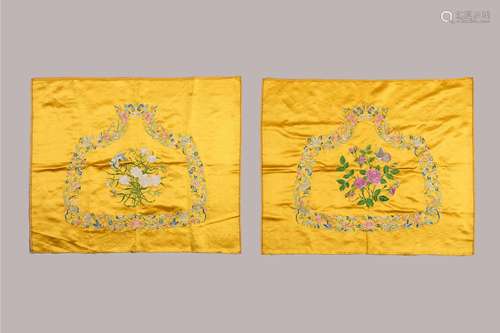 A PAIR OF YELLOW SILK EMBROIDERIES