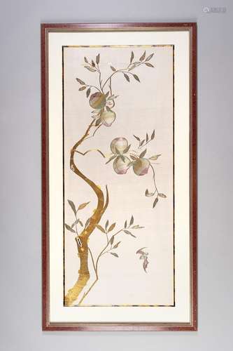 A LARGE EMBROIDERED ‘PEACHES & BAT’ LONGEVITY SILK PANEL