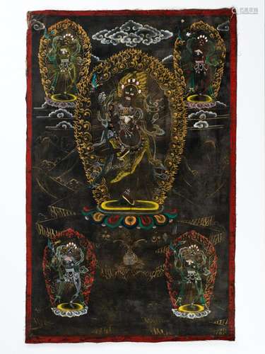 A BLACKGROUND THANGKA DEPICTING MAHAKALA