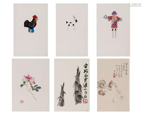 SIX CHINESE COLOR PRINTS, ONE BY QI BAISHI (1864-1957), 1950...