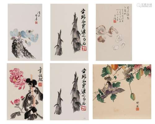 SIX CHINESE COLOR PRINTS, TWO BY QI BAISHI (1864-1957), 1950...