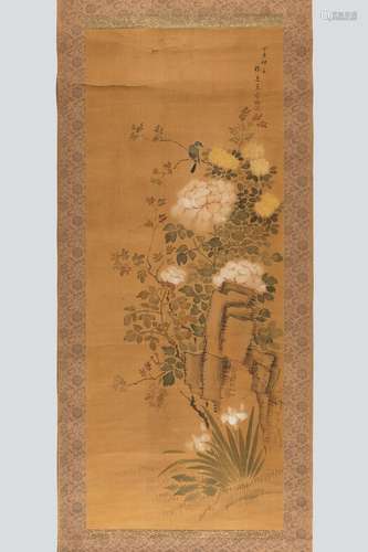 A SCROLL PAINTING OF A BLUEBIRD AND FLOWERS