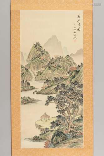 A HANGING SCROLL PAINTING OF A RIVER LANDSCAPE, AFTER WEN ZH...