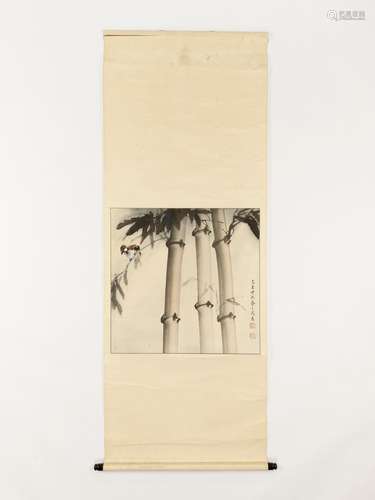 A HANGING SCROLL PAINTING OF A SPARROW AND BAMBOO, 20TH CENT...