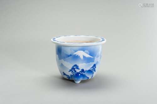 A BLUE AND WHITE PORCELAIN JARDINIERE WITH MOUNT FUJI