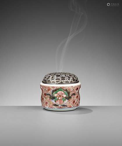 A KUTANI KORO (INCENSE BURNER) WITH A SILVER RETICULATED COV...