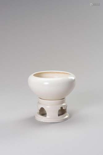 A WHITE GLAZED PORCELAIN BOWL-SHAPED INCENSE BURNER WITH STA...