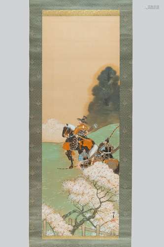 A HANGING SCROLL PAINTING OF SAMURAI AND CHERRY BLOSSOMS