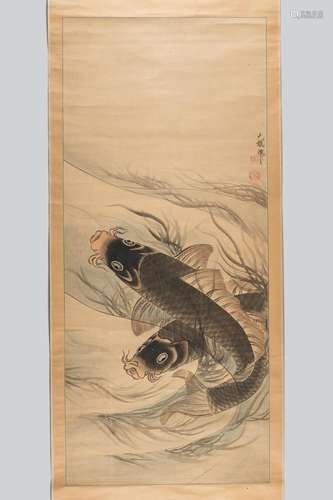 A HANGING SCROLL PAINTING OF TWO CARPS