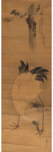 A SCROLL PAINTING OF A CRANE AND PINE TREE