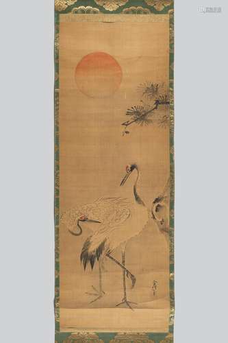 A SCROLL PAINTING OF TWO RED-CROWNED CRANES