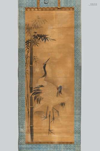 A SCROLL PAINTING OF TWO RED-CROWNED CRANES AND BAMBOO